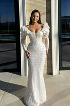 Cocoslly Strapless Long Sleeves High Waist Long Mermaid Prom Dress With Rhinstone And Flowers | Red Sequins WQ0744