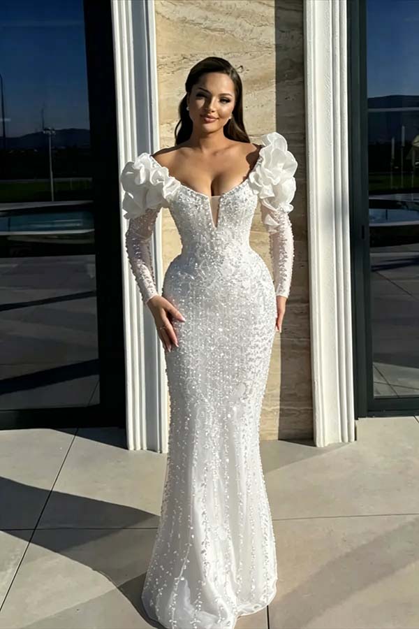Cocoslly Strapless Long Sleeves High Waist Long Mermaid Prom Dress With Rhinstone And Flowers | Red Sequins WQ0744
