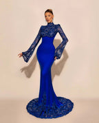 High Neck Lace Long Sleeves Long Mermaid Prom Dress With Pleated YK0572
