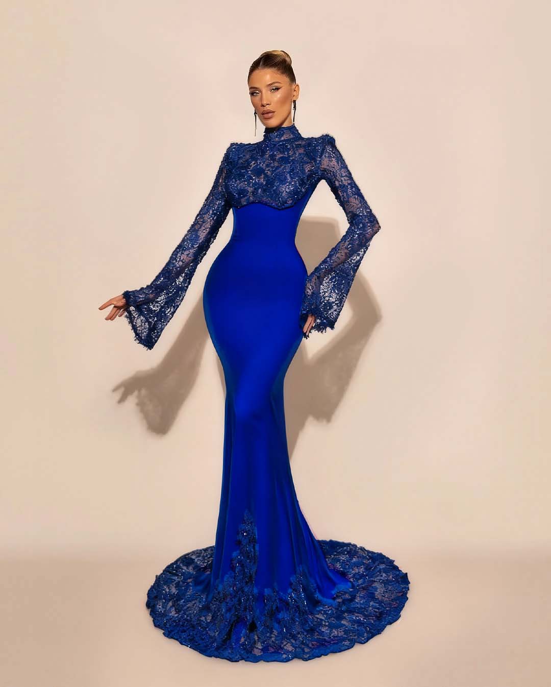High Neck Lace Long Sleeves Long Mermaid Prom Dress With Pleated YK0572