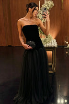 Cocoslly Strapless Sleeveless High Waist Long Prom Dress | Black And Dusty Blue Satin And Tulle YC0567