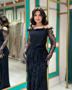 Cocoslly Off-The-Shoulder Long Sleeves Long Prom Dress With Ruffles | Black Chiffon CO0086