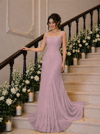 Cocoslly Wide Straps Square Neck Sleeveless High Waist Long Prom Dress With Pleated | Daffodil Chiffon YK1259