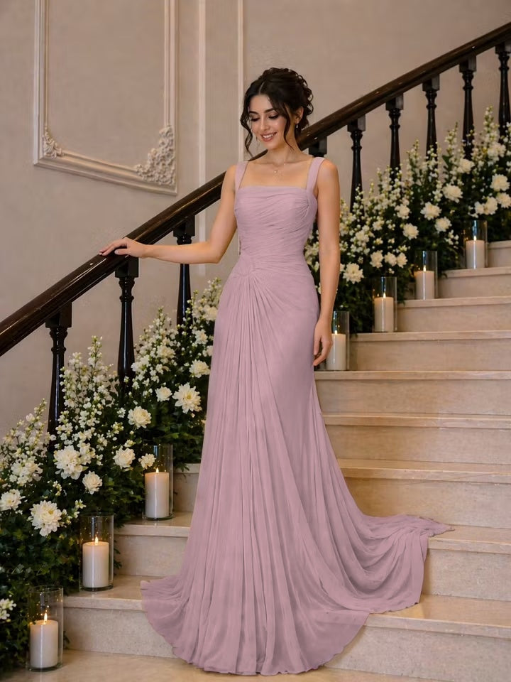 Cocoslly Wide Straps Square Neck Sleeveless High Waist Long Prom Dress With Pleated | Daffodil Chiffon YK1259