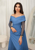 Cocoslly Off-The-Shoulder Long Sleeves High Waist Long Prom Dress With Rhinstone | Blushing Pink Chiffon JZ0100