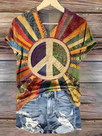 Women's Hippie Rainbow Peace Tie-dye Pattern Casual T-shirt
