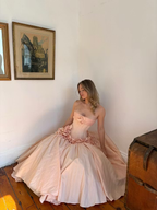 Cocoslly Strapless Sleeveless High Waist Long A Line Prom Dress With Flowers | Nude Pink Satin YC0415