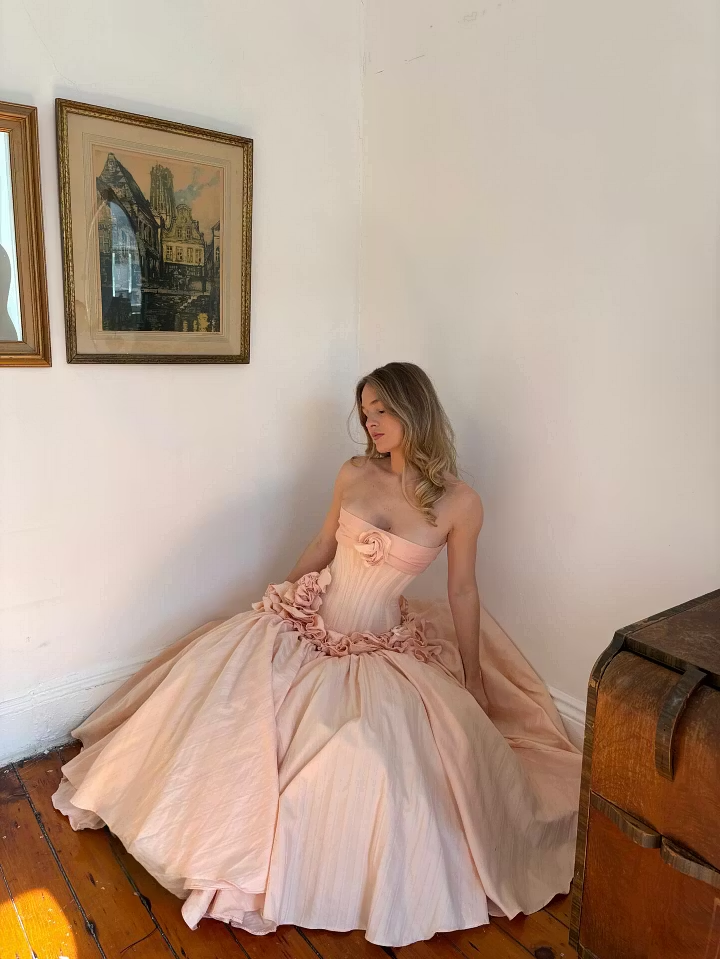 Cocoslly Strapless Sleeveless High Waist Long A Line Prom Dress With Flowers | Nude Pink Satin YC0415