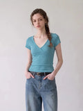Teal V-neck layered short-sleeved top