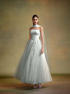 Tulle Strapless Sleeveless Long A-Line Prom Dress With Pleated And Ruffles YK0659