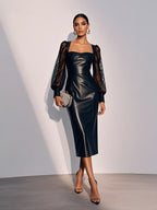 Black Lace Faux Leather Square Neck Long Sleeve Balloon Sleeve Sheath Midi Dress