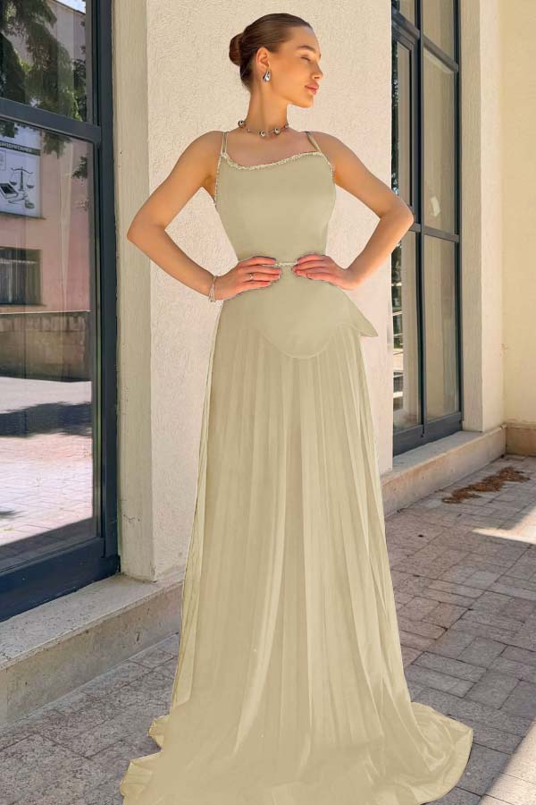 Spaghetti Strap Sleeveless Long Prom Dress With Pleated Sequins WQ0188