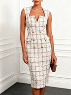 White Buckle Tweed Blazer Notched Sleeveless Sheath Midi Dress