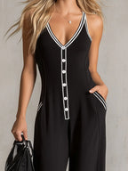Color-blocked V-neck Button-down Double-pocket Sleeveless Jumpsuit
