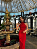 Cocoslly Sleeveless High Waist Long Mermaid Prom Dress With Flowers | Red Satin CO0093