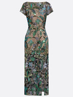 Green Glitter Slit Sequin Boat Neck Short Sleeve Sheath Maxi Dress