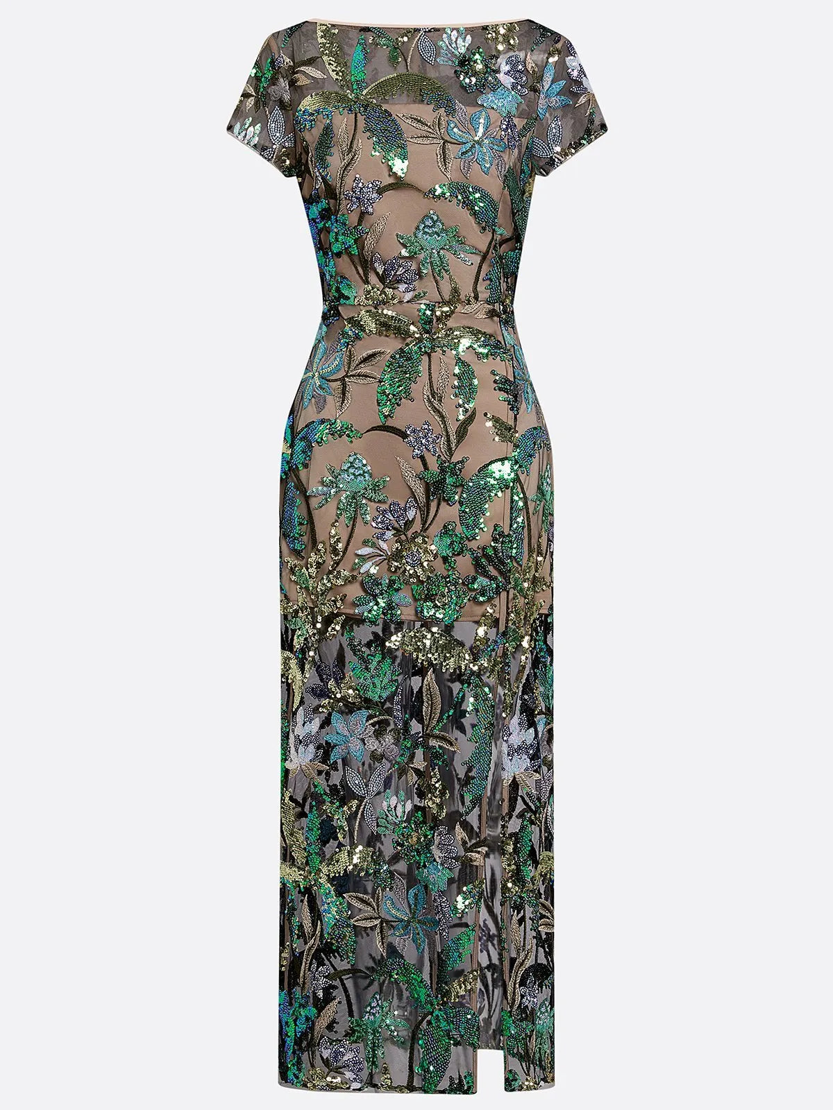 Green Glitter Slit Sequin Boat Neck Short Sleeve Sheath Maxi Dress