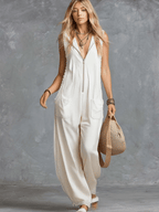 Vintage Casual Western Hooded V-neck Front Zip Lace Trim White Cotton Jumpsuit