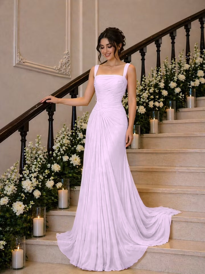 Cocoslly Wide Straps Square Neck Sleeveless High Waist Long Prom Dress With Pleated | Daffodil Chiffon YK1259
