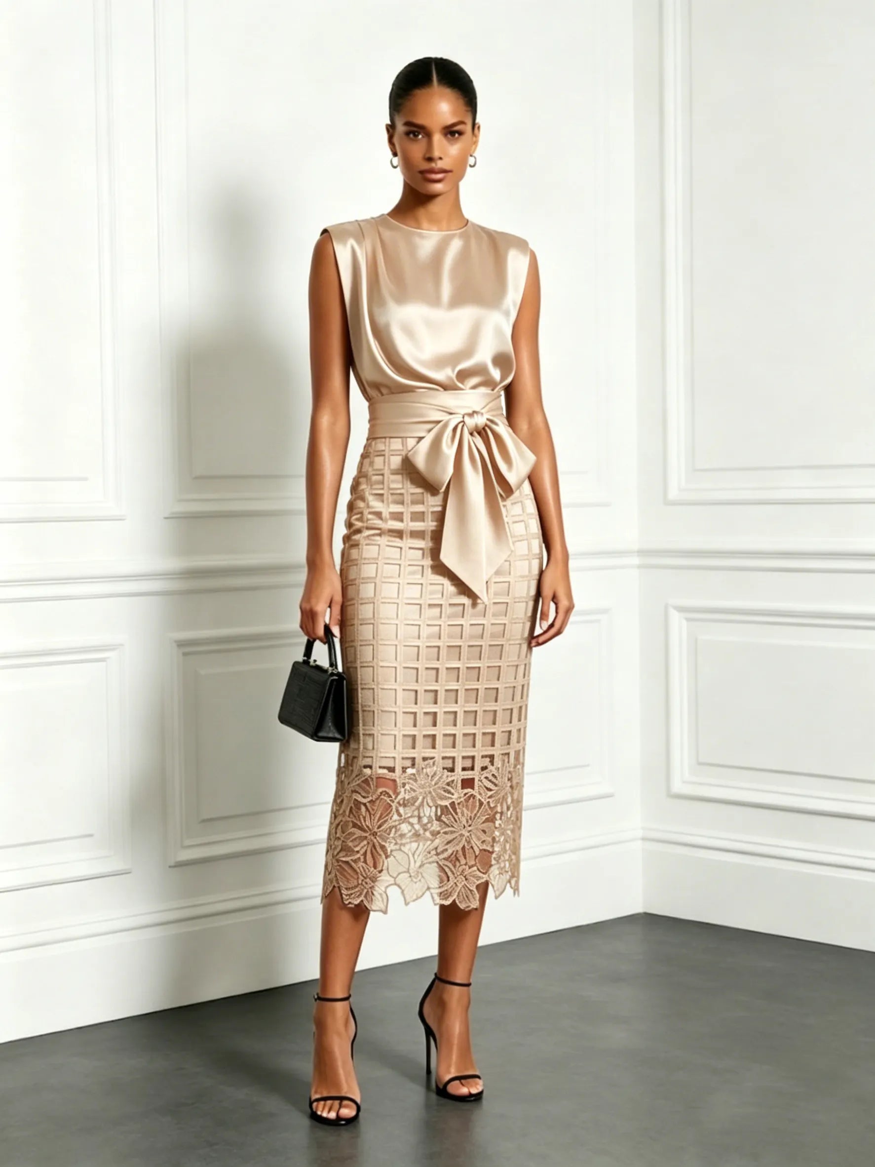Women Champagne Lace Crew Neck Sleeveless Elegant Top With Skirt Two-Piece Set