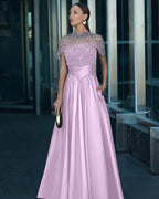 Tulle And Satin High-Neck Short Sleeves Long A-Line Pleated Prom Dress With Pockets And Beadings YK0542