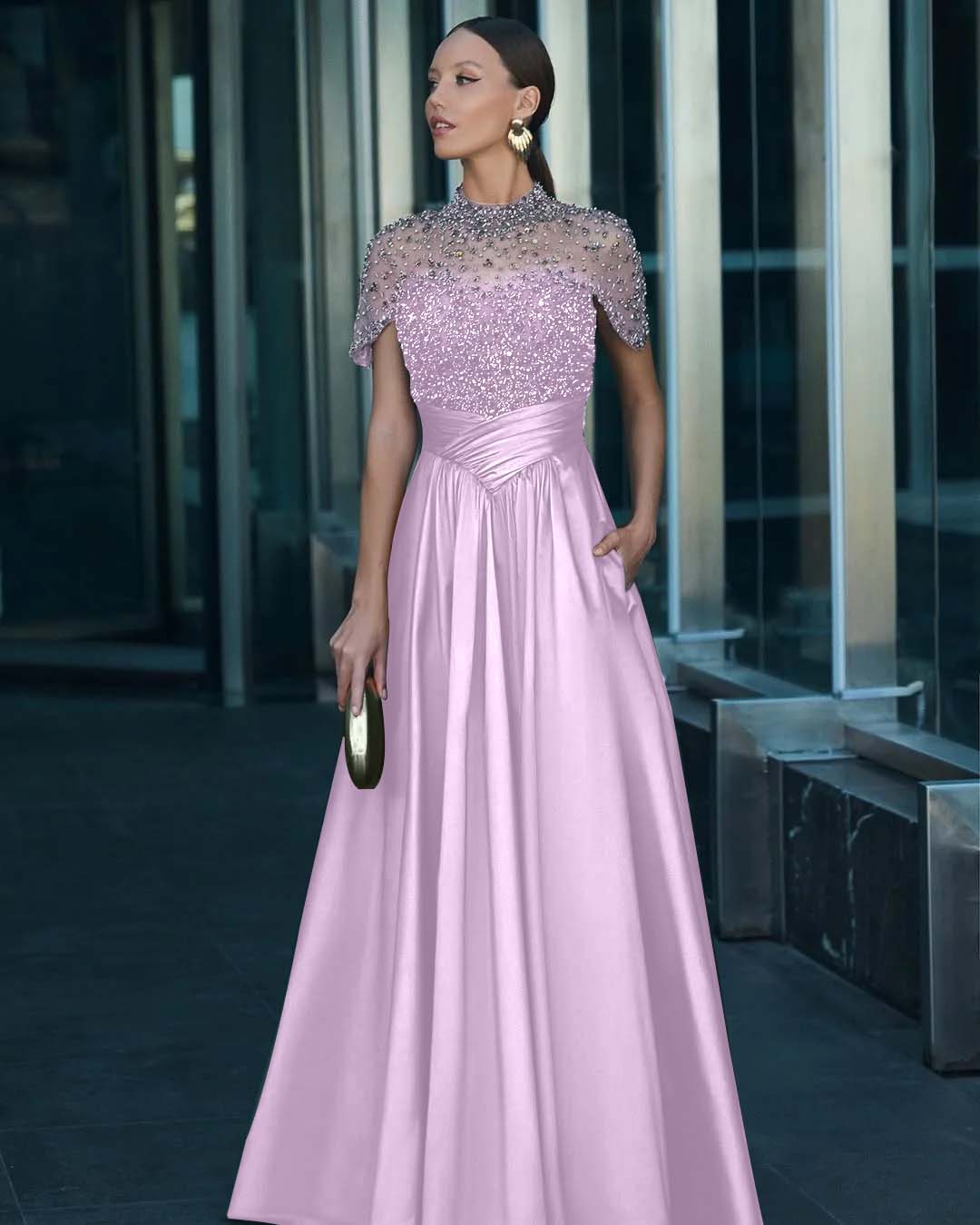 Tulle And Satin High-Neck Short Sleeves Long A-Line Pleated Prom Dress With Pockets And Beadings YK0542