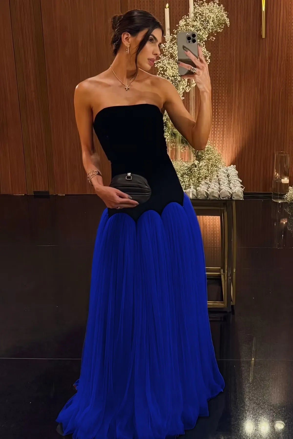 Cocoslly Strapless Sleeveless High Waist Long Prom Dress | Black And Dusty Blue Satin And Tulle YC0567