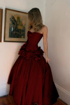 Cocoslly Strapless Sleeveless High Waist Long A Line Prom Dress With Flowers | Nude Pink Satin YC0415
