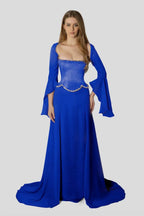 Chiffon Long Sleeves Long Mermaid Prom Dress With Beading Pleated WQ0386