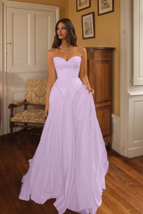 Cocoslly Sweetheart Strapless Sleeveless High-Waisted Long A-Line Pleated Prom Dress | Ivory Chiffon ZA0311