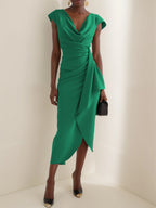 Green Cowl Neck Ruched Cap Sleeve Sheath Midi Dress