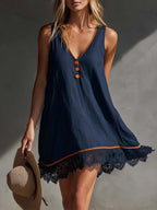 Casual Vacation V-Neck Front Buttons Lace Hem Dark Blue Cotton-Linen Mini Dress