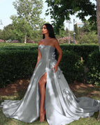 Strapless Sleeveless Long High Split Prom Dress With Appliques YK0162