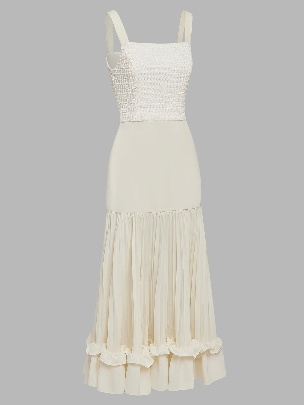 Off White Ruched Split Joint Knit Spaghetti Sleeveless Sheath Maxi Dress
