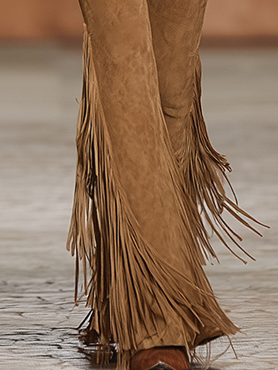 Versatile Retro Style Caramel Brown Faux Suede Tassel Flare Pants