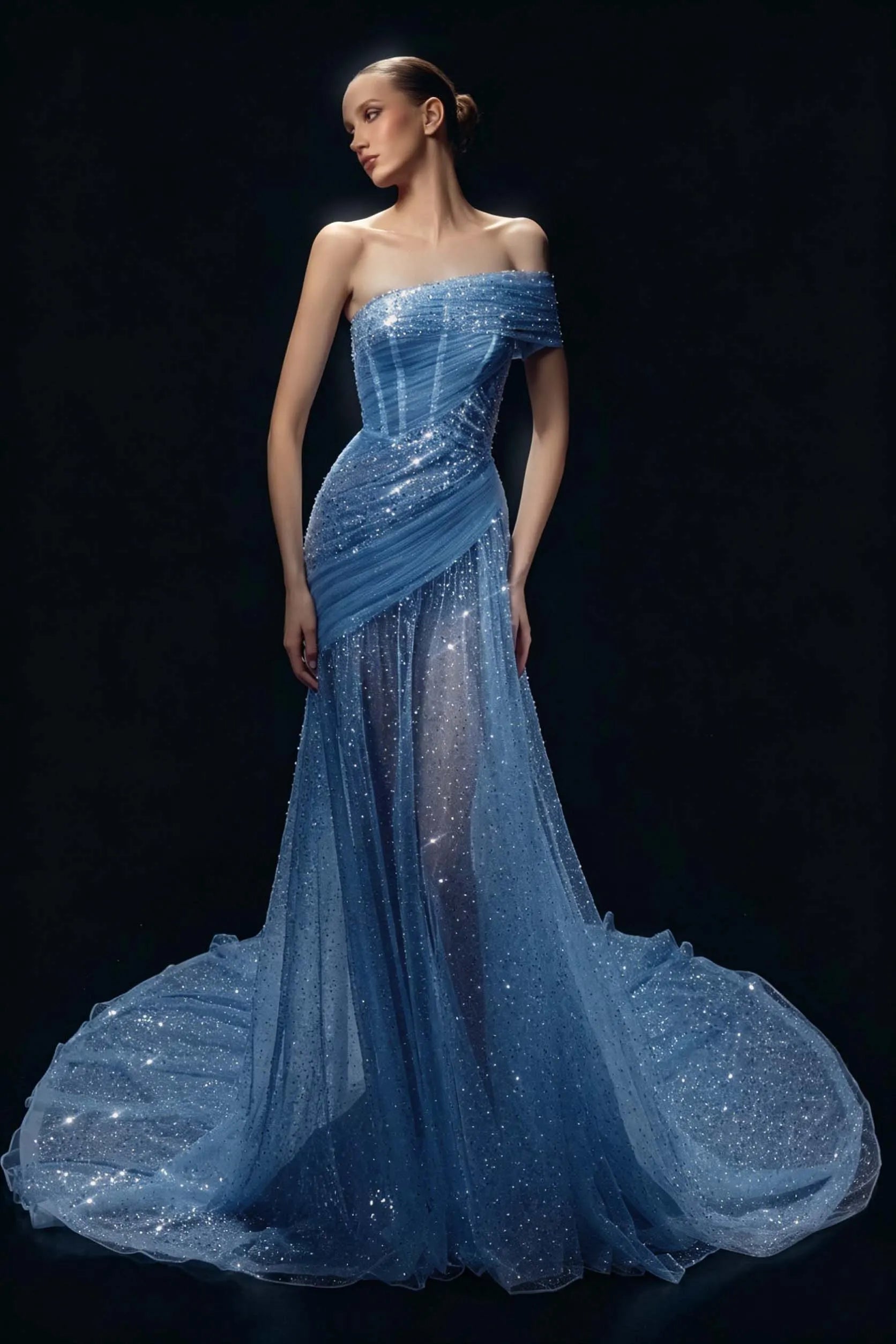 Cocoslly One Shoulder Sleeveless High Waist Long Prom Dress With Sequins | White Tulle YC0569