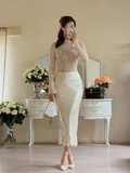 Cocoslly Long Sleeves High Waist Long Mermaid Prom Dress | White Lace And Satin JZ0165
