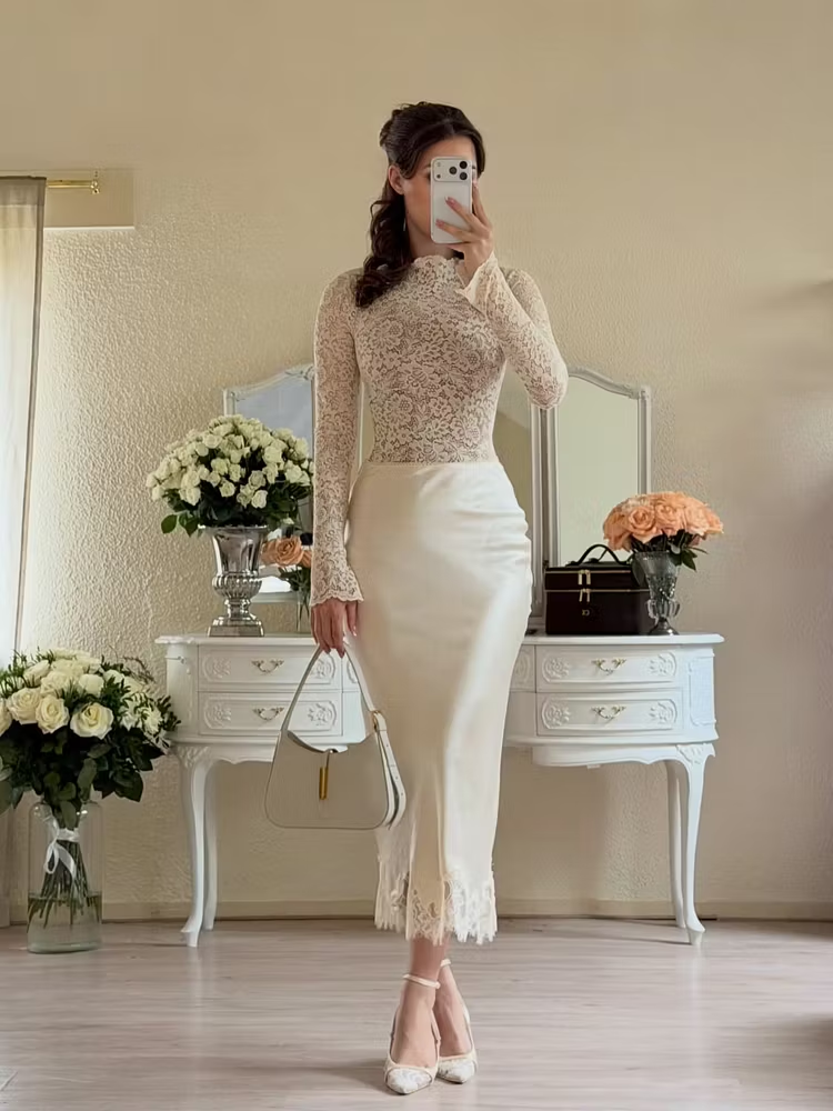 Cocoslly Long Sleeves High Waist Long Mermaid Prom Dress | White Lace And Satin JZ0165