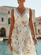 White Floral Classic V Neck Sleeveless A-Line Maxi Dress