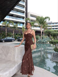 Cocoslly Spaghetti Straps Sleeveless High Waist Long Mermaid Prom Dress With Appliques | Brown Satin CO0198