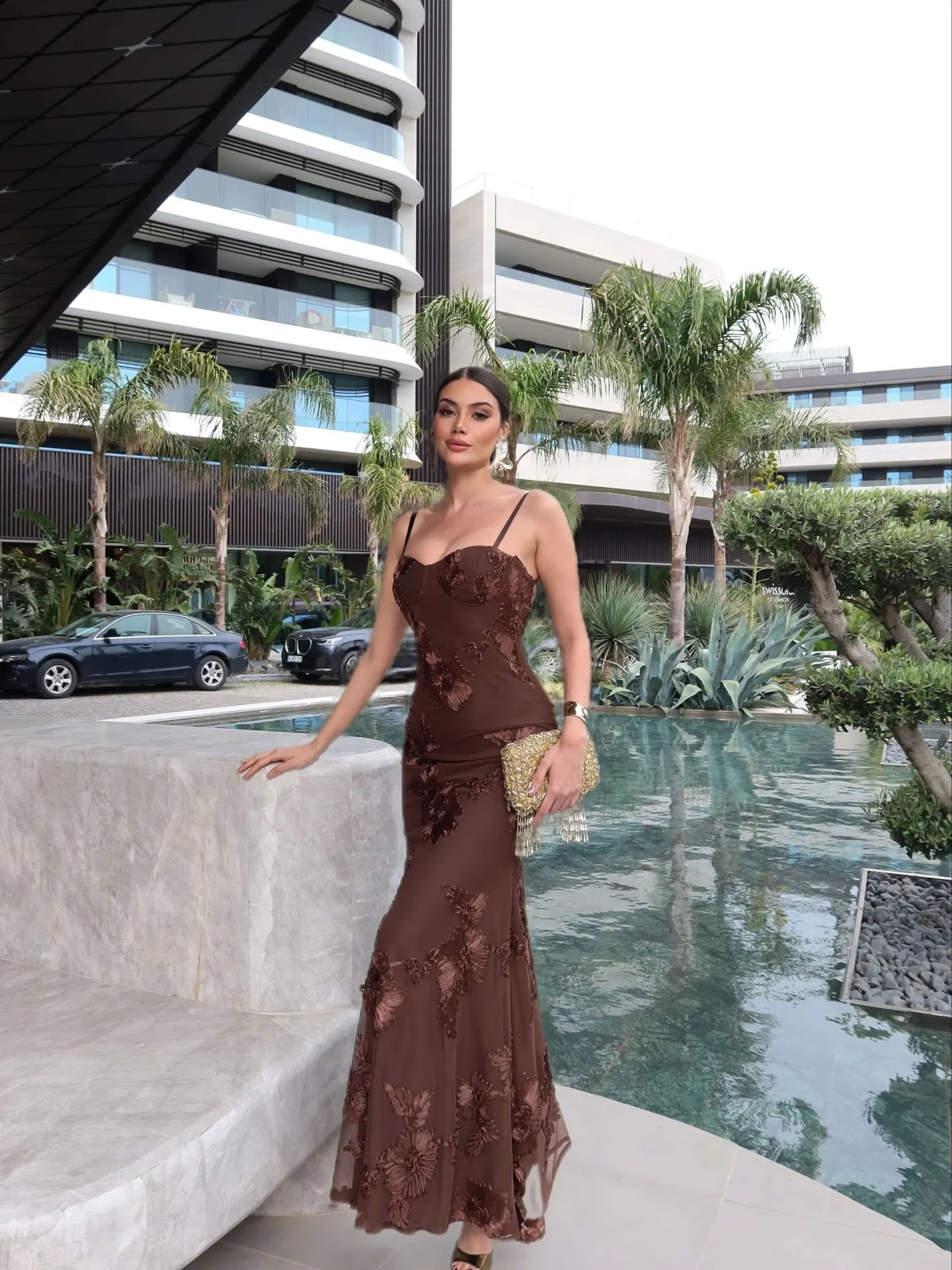 Cocoslly Spaghetti Straps Sleeveless High Waist Long Mermaid Prom Dress With Appliques | Brown Satin CO0198
