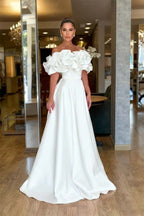 Satin Off-The-Shoulder Strapless High-Waisted Long A-Line Prom Dress With Ruffles JQ0425