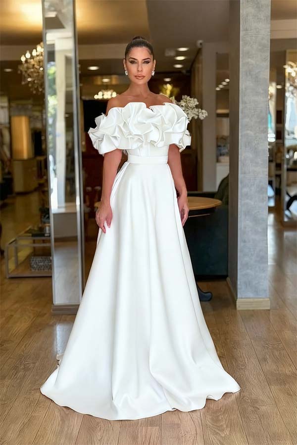 Satin Off-The-Shoulder Strapless High-Waisted Long A-Line Prom Dress With Ruffles JQ0425