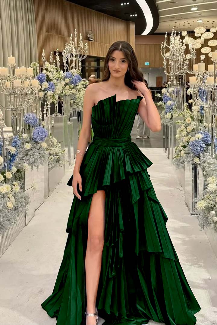 Charming Strapless Sleeveless Long Split Prom Dress With Pleated MS0456