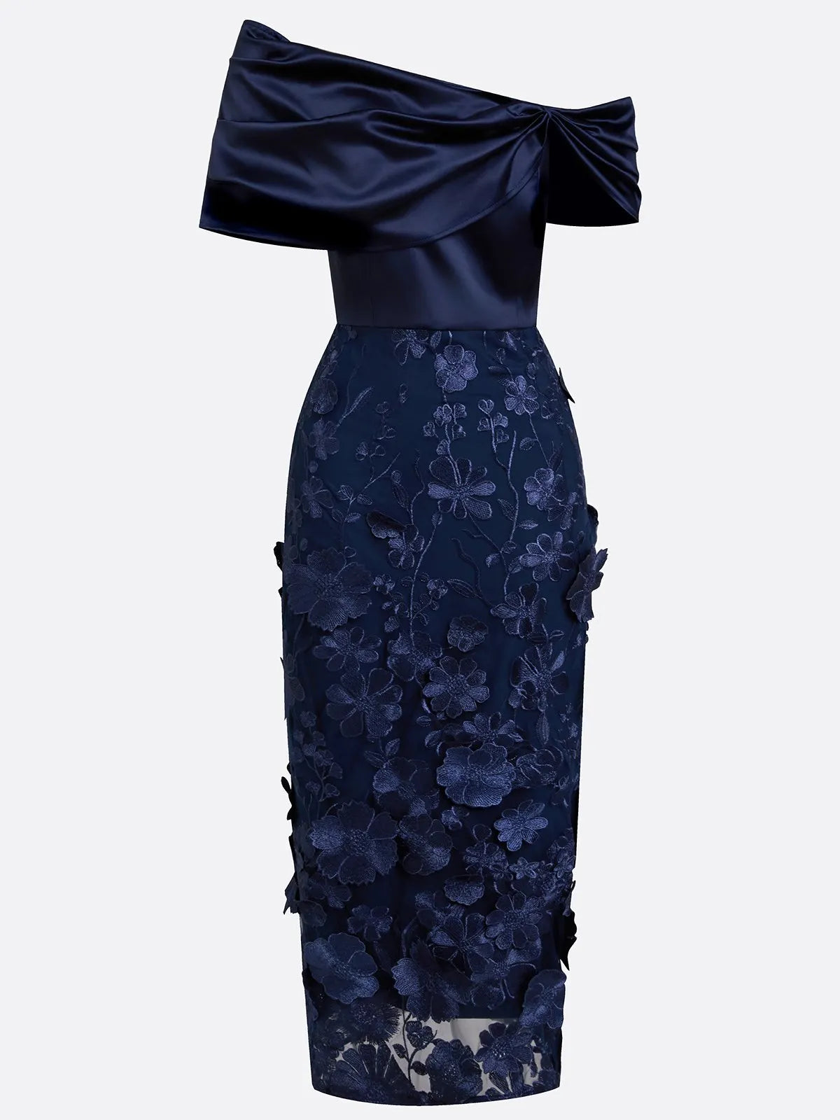 Navy Blue 3D Floral Applique Classic Off The Shoulder Short Sleeve Sheath Midi Dress