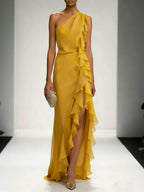 Yellow Peplum Chiffon One Shoulder Sleeveless Sheath Maxi Dress