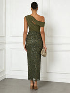 Olive Green Glitter Sequin Asymmetrical Sleeveless Sheath Maxi Dress