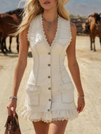 Retro V-neck Lace-trimmed Multi-pocket Denim Sleeveless Mini Dress