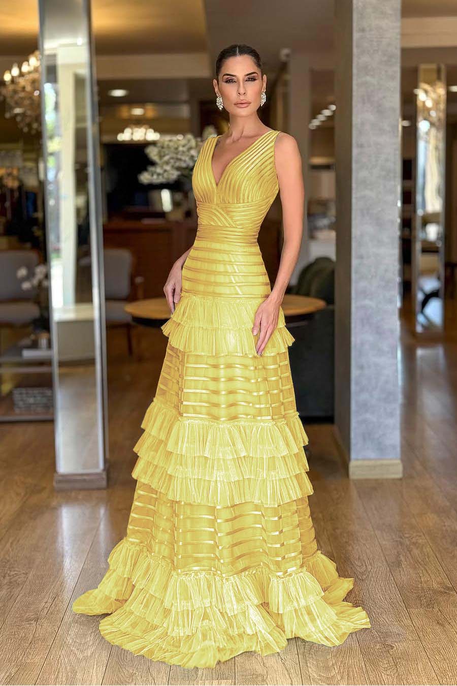 Tulle V-Neck Wide Shoulder Straps Sleeveless Long A-Line Prom Dress With Ruffles And Pleated WQ0149