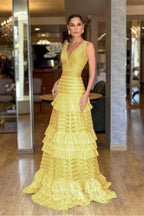 Tulle V-Neck Wide Shoulder Straps Sleeveless Long A-Line Prom Dress With Ruffles And Pleated WQ0149